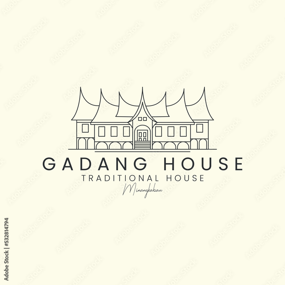 gadang house with line art style logo vector template icon illustration design, traditional house, west sumatera, minangkabau, indonesia logo landmark design