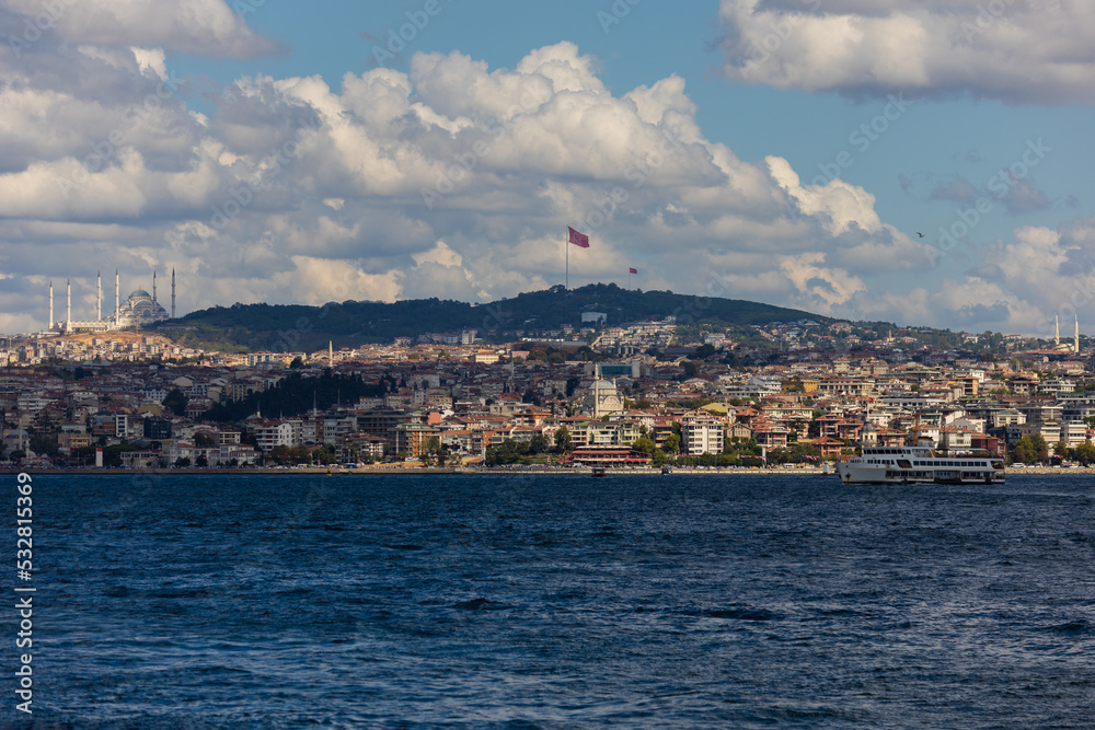 silhouette Istanbul city buildings from water Bosphorus or Golden Horn, public places.