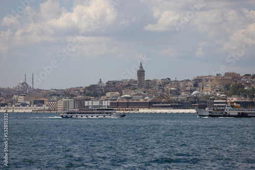 silhouette Istanbul city buildings from water Bosphorus or Golden Horn, public places.