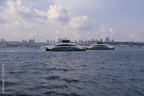 silhouette Istanbul city buildings from water Bosphorus or Golden Horn, public places.