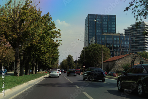 Highway wide road  transport and blue sky with clouds on a summer day