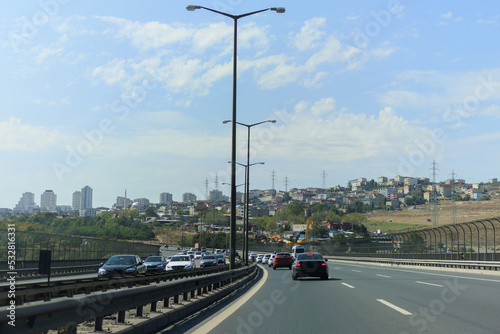 Highway wide road, transport and blue sky with clouds on a summer day