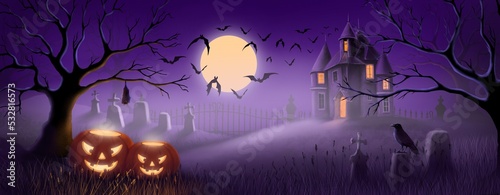 halloween landscape holiday illustration, colorful background and wallpaper