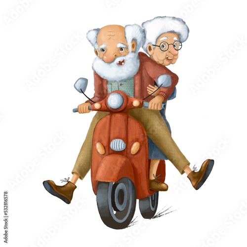 old people on scooter, seniors couple activity watercolor style illustration