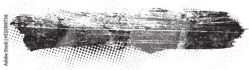 Glitch distorted brush stroke . Noise destroyed logo . Trendy defect error shapes . Glitched frame .Grunge textured . Distressed effect .Vector shapes with a halftone dots screen print texture.