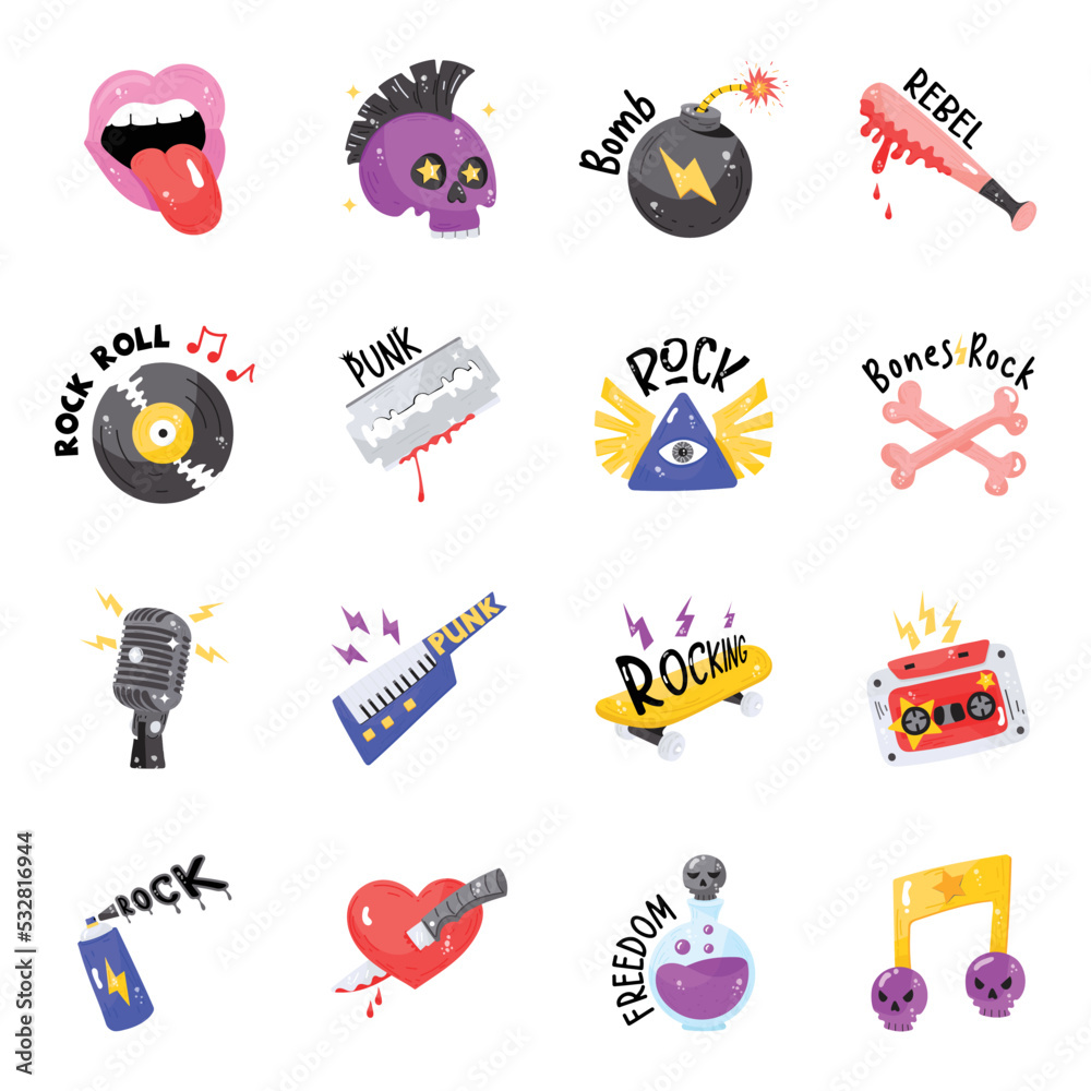 Scary Rock Flat Sticker Icons

