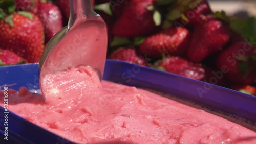 Spoon picks up strawberry sorbet photo