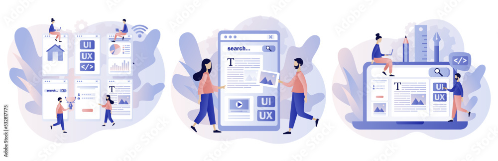 Web UI-UX design. Mobile app development, application design, coding, web building concept. Modern flat cartoon style. Vector illustration on white background
Web UI-UX design. Mobile app development, application design, coding, web building concept. Modern flat cartoon style. Vector illustration on white background