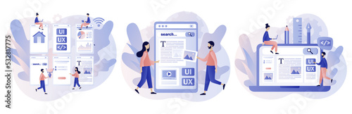 Web UI-UX design. Mobile app development, application design, coding, web building concept. Modern flat cartoon style. Vector illustration on white background
