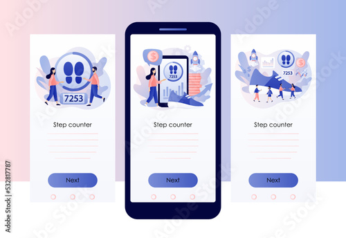 Step counter. Pedometer, fitness tracker concept. Walking to earn money mobile app. Digital sneaker. Crypto currency coin. Screen template for mobile, smartphone app. Modern flat cartoon style. Vector