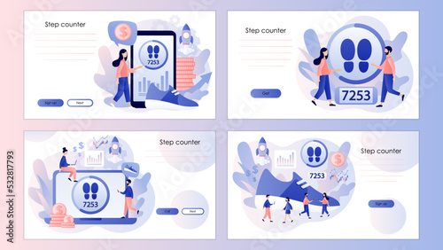 Step counter. Pedometer, fitness tracker concept. Walking to earn money mobile app. Crypto currency coin. Screen template for landing page, template, ui, web, mobile app, poster, banner, flyer. Vector