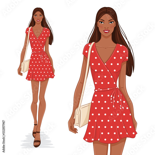 Vector fashion illustration of a beautiful, young, happy black woman in a red-dotted dress. A fashion model walking, isolated on white background.  A smiling girl in a summer outfit.