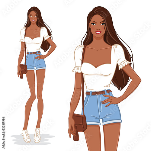 Vector fashion illustration of a black, beautiful, young, happy, smiling woman in a summer outfit. Fashion model posing, isolated on a white backgrou