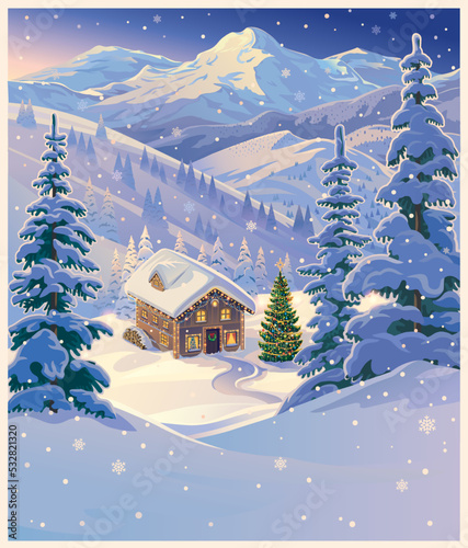 Winter landscape with a gingerbread house in a mountain valley, Christmas mood, a holiday card.  Vector illustration.