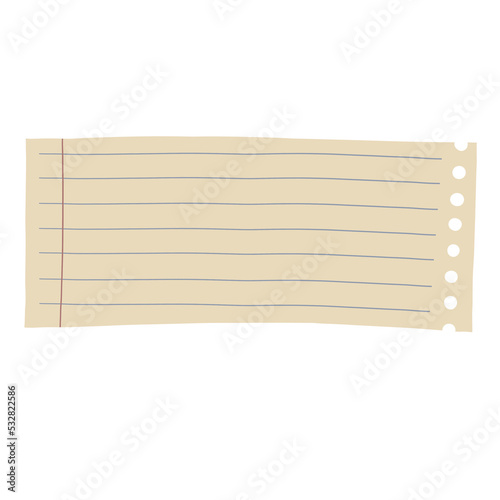 close up of a piece of lined note paper isolated on white background with clipping path. notepad paper (green read) with circle holes in cartoon hand drawn style.