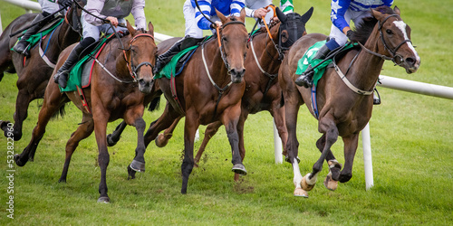 Group of race horses and jockeys galloping on the track