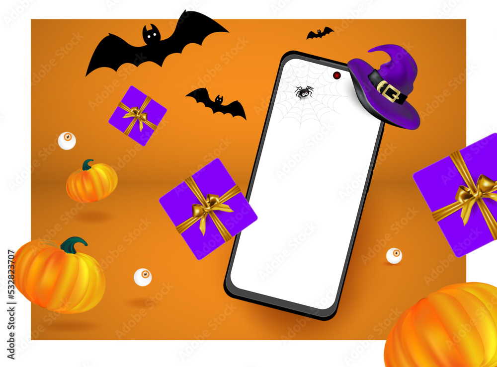 Happy Halloween holiday ad banner with soaring or flying mockup of mobil phone, gift boxes, orange pumpkins, purple witch hat, bats and eyes. Editable Vector illustration