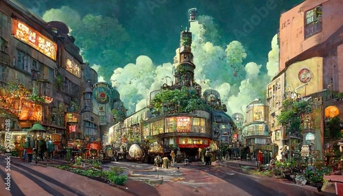 Street view of a wondrous amazing fantasy city town square.