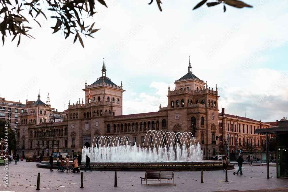 View of the fountain in Zorrilla square in Valladolid.