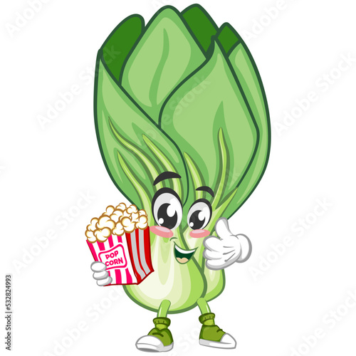 vector illustration of vintage cartoon character of bok choy lettuce with pop corn