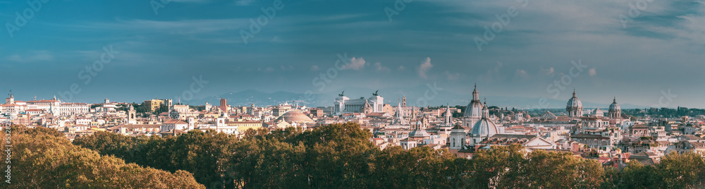 Rome, Italy. Cityscape Skyline With Famous Pantheon, Churches As Sant'agnese, Santa Maria Della Pace, St. Salvatore At The Laurels And Vittorio Emanuele II Monument Or Altar Of Fatherland. Panorama.