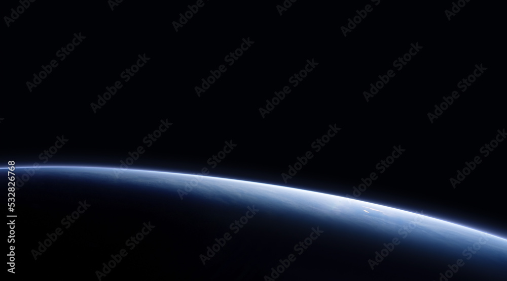 Blue planet Earth silhouette in black space. Abstract astronomy wallpaper. Earth orbit in space. Elements of this image furnished by NASA