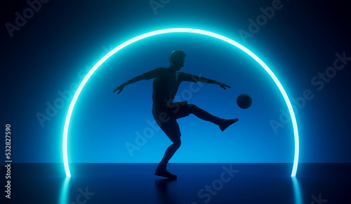 Silhouette of a football player kicking a ball with an abstract futuristic neon glow. 3D Rendering