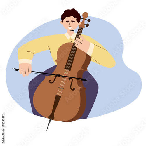 Young man playing the cello. Flat graphic vector illustration.