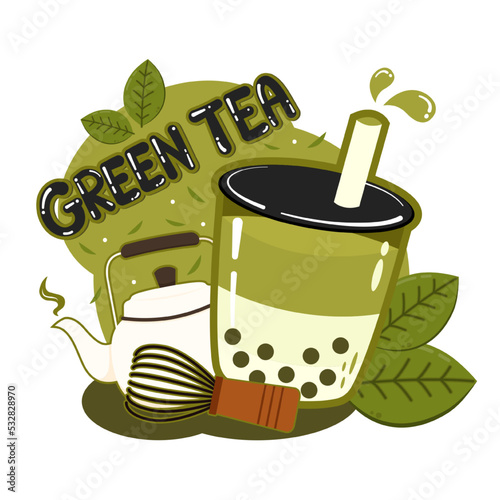 Bubble green tea milk vector logo. Iced green tea latte takeaway cup vector illustration.