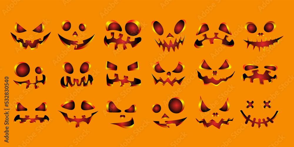 Collection of Halloween pumpkins carved faces silhouettes.