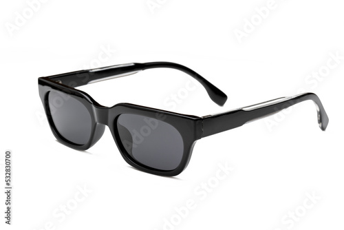 Side view photo of black colored polarized sunglasses for ecommerce isolated on white background