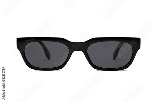 Front photo of black polarized sunglasses for ecommerce isolated on white background