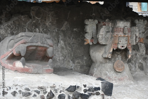 Quetzalcoatl and Tlaloc Sculptures at Templo Mayor Ruins, Mexico City photo