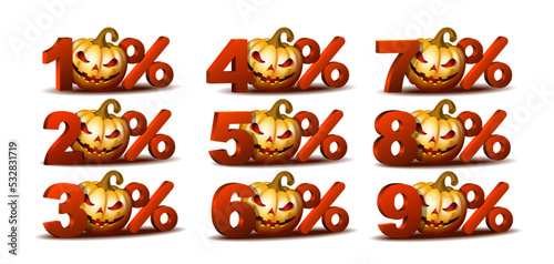 Percent discount icon with Scary Jack O Lantern halloween pumpkin.