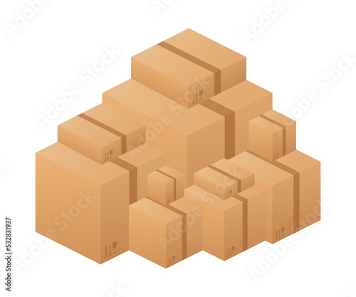 Pile of stacked sealed goods cardboard boxes.  stock illustration.