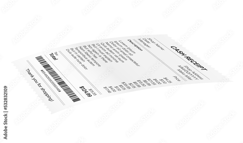 Obraz premium Receipts illustration of realistic payment paper bills for cash or credit card transaction. stock illustration.
