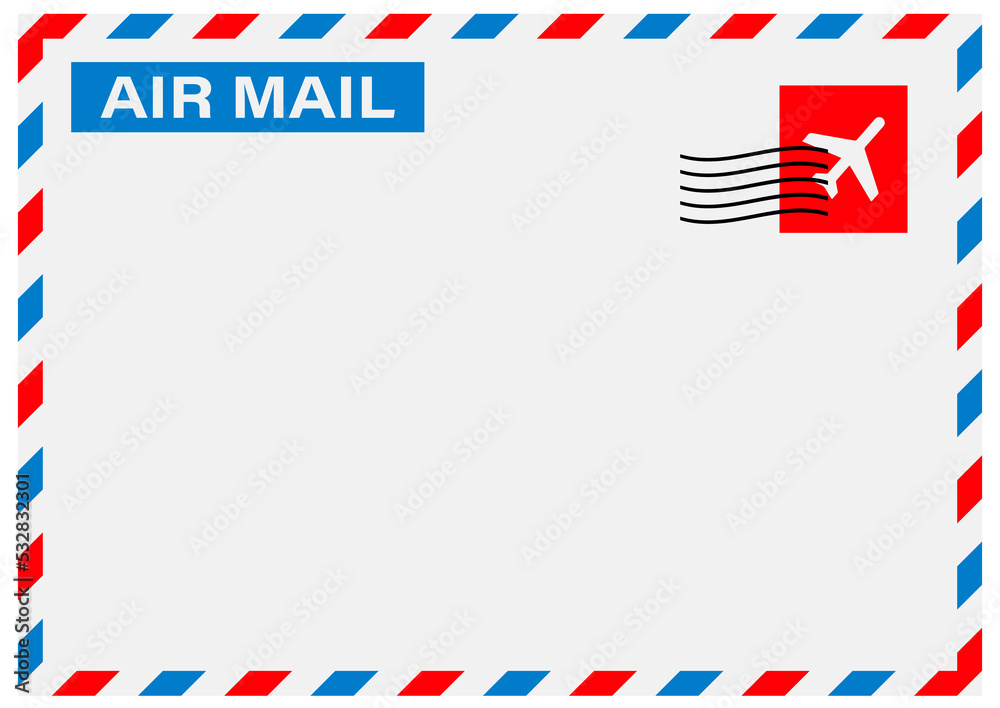 Air mail envelope with postal stamp isolated on white background.  stock illustration.