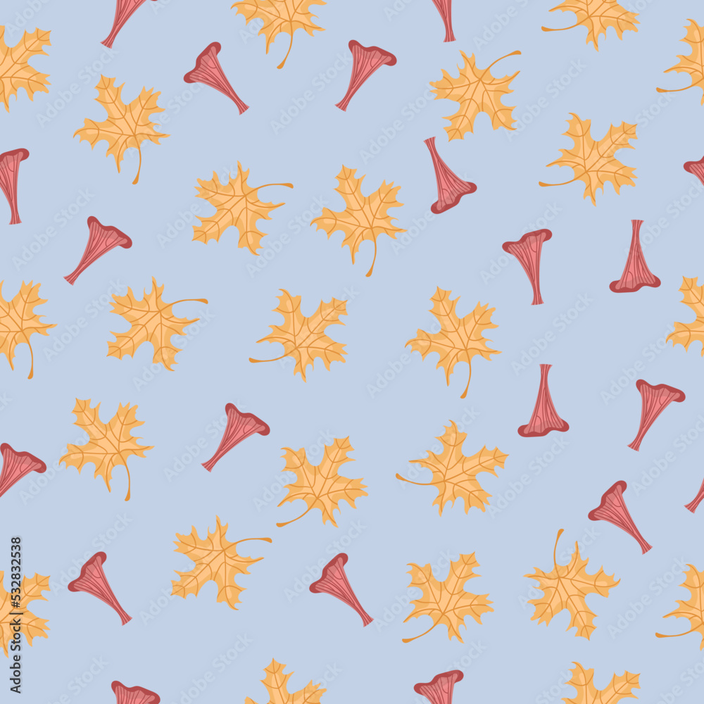 Autumn hand drawn seamless pattern with seasonal elements on blue background. Great for fabric, wallpaper, textile, packaging. Vector illustration.