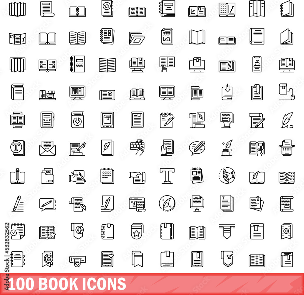 100 book icons set. Outline illustration of 100 book icons vector set isolated on white background 100 book icons set. Outline illustration of 100 book icons vector set isolated on white background