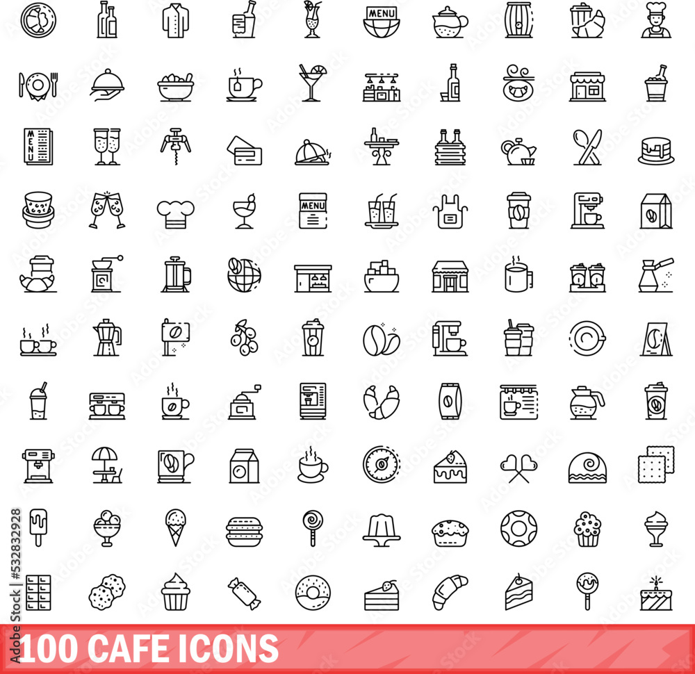 100 cafe icons set. Outline illustration of 100 cafe icons vector set isolated on white background 100 cafe icons set. Outline illustration of 100 cafe icons vector set isolated on white background