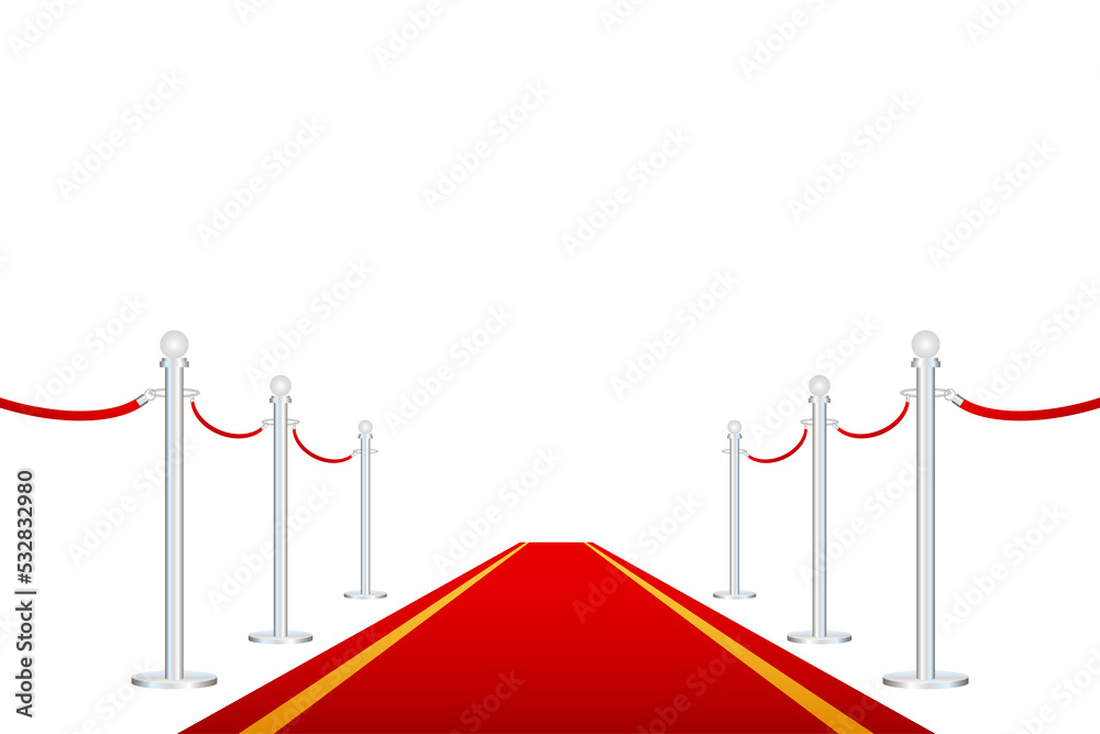 Red carpet with red ropes on golden stanchions. Exclusive event, movie