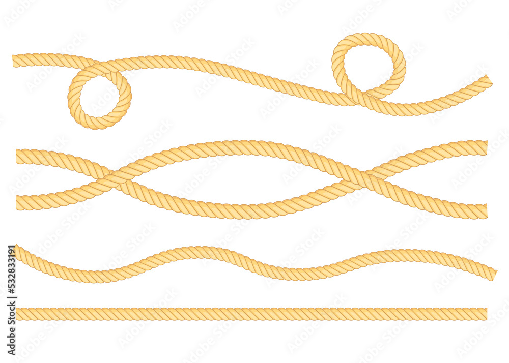 Set of different thickness ropes isolated on white.  illustration.