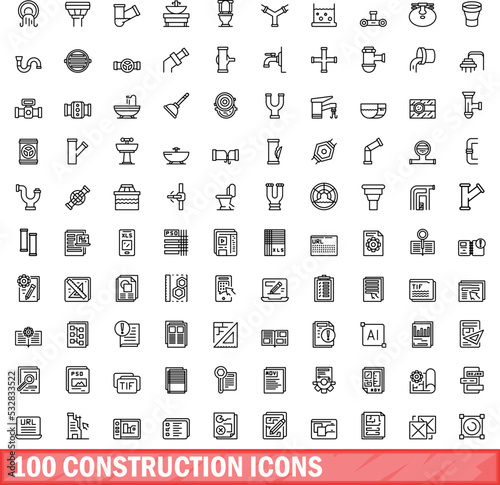 100 construction icons set. Outline illustration of 100 construction icons vector set isolated on white background