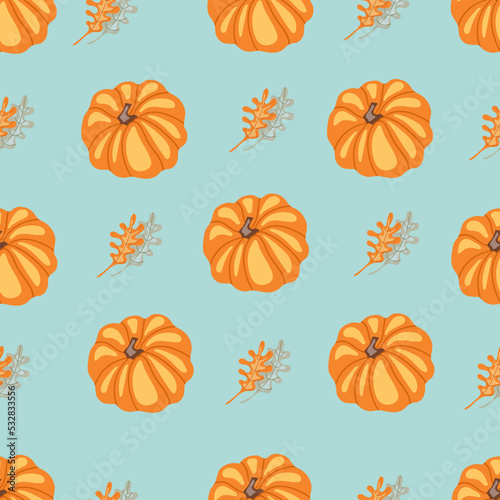 Autumn hand drawn seamless pattern with seasonal elements on blue background. Great for fabric  wallpaper  textile  packaging. Vector illustration.