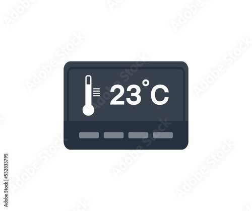 Home heating, house climate control logo design. House automation domotics, connected thermostat with app icons showing temperature and heat cool adjustment vector design and illustration.