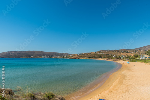 Agios Petros beach in Andros on a beautiful summer day, Cyclades, Greece