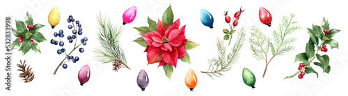 Christmas watercolor decoration elements. Poinsettia flowers  christmas lights  holly berry  coniferous branches  rosehip  coin