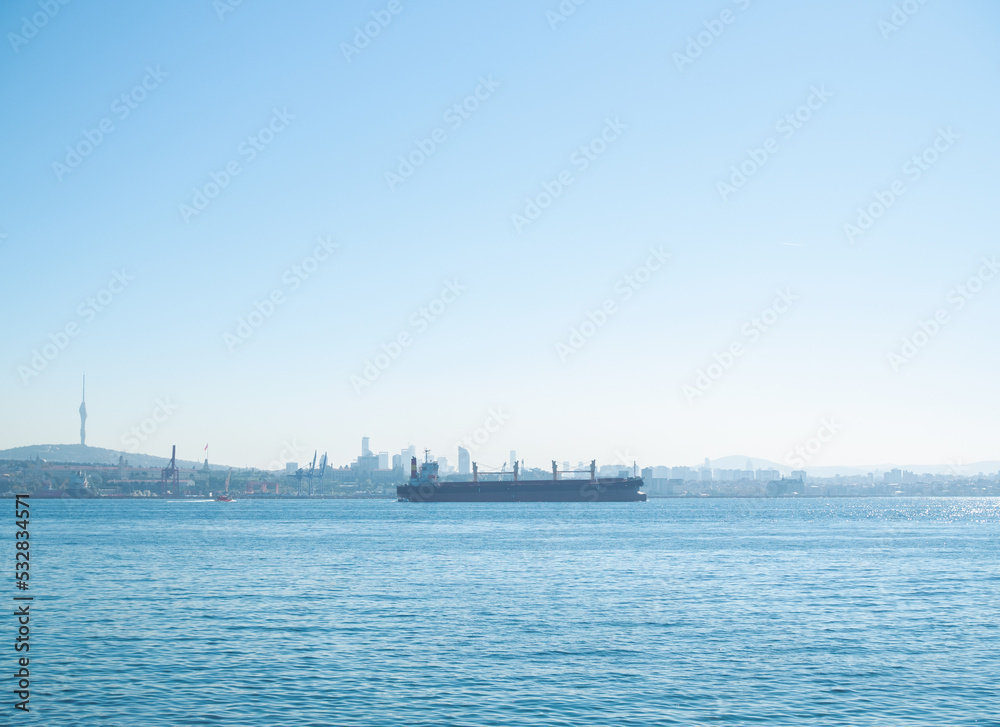 Food Crisis 2022. Bulk carrier loaded with wheat from Ukraine. Ship passes in the Bosphorus