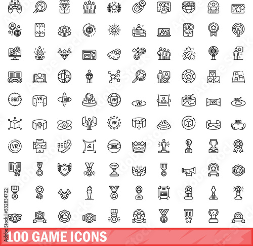 100 game icons set. Outline illustration of 100 game icons vector set isolated on white background