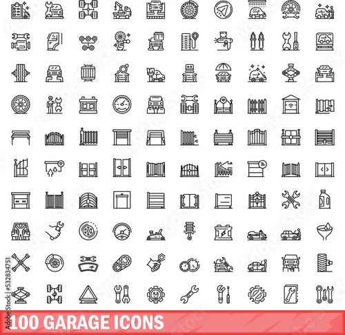 100 garage icons set. Outline illustration of 100 garage icons vector set isolated on white background
